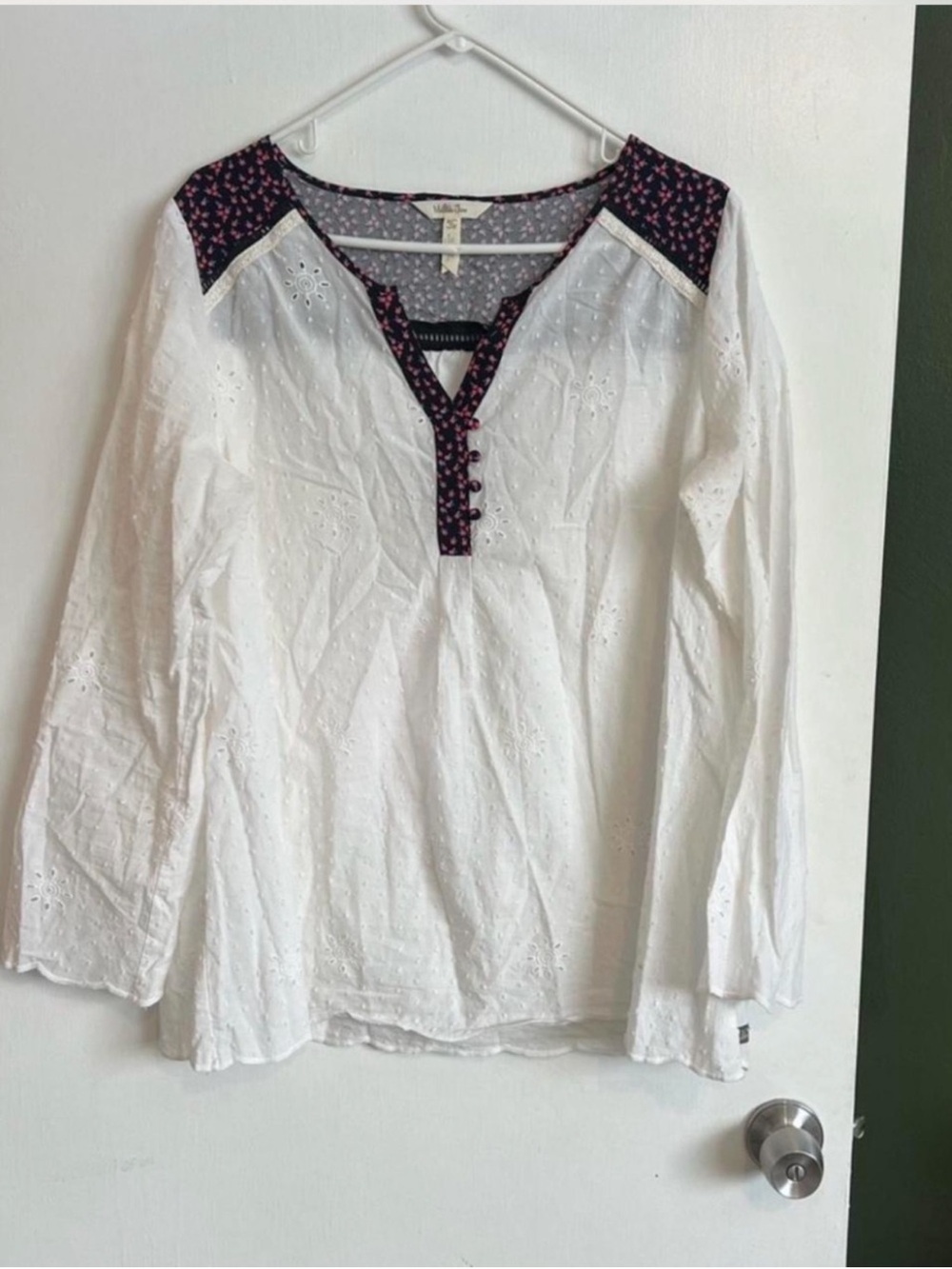 Matilda Jane White Eyelet tunic Blouse with Black and Pink floral Accents